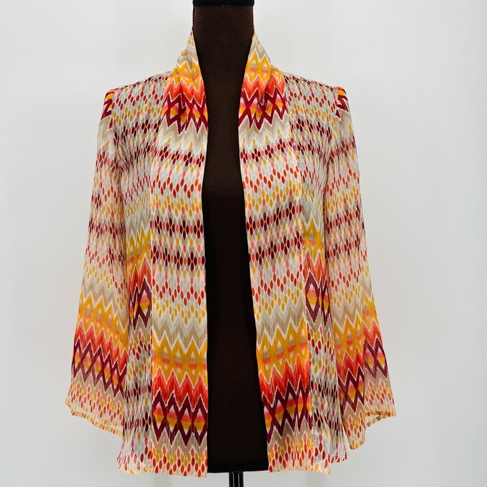 Chico’s Aztec Carinna Pattern Rumba Orange Open Cardigan Top Blouse Sheer XS